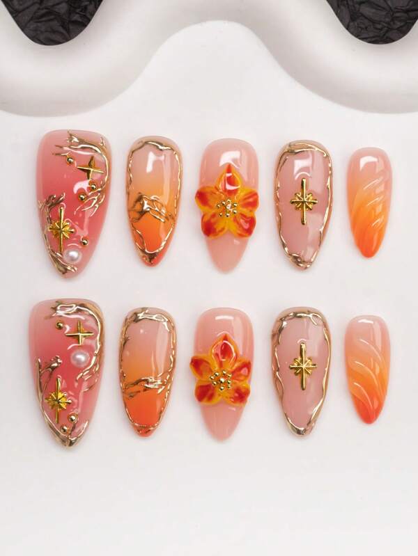 Spring/Summer Almond-Shaped Handcraft False Nails, Y2K Baddie Style, Available In Nude, Orange, Pink, Coral Colors. Handmade With Floral Carving, Asymmetrical Metallic Liquid, Stars, Pearls, Tie Dye Gradient Elements. Suitable For Women And Girls, Shiny Nails. 10 Pieces/Set, 3 Size Options. Perfect For Parties, Occasions, Daily Wear. Includes Tools, Great Gift For Ladies And Girls.