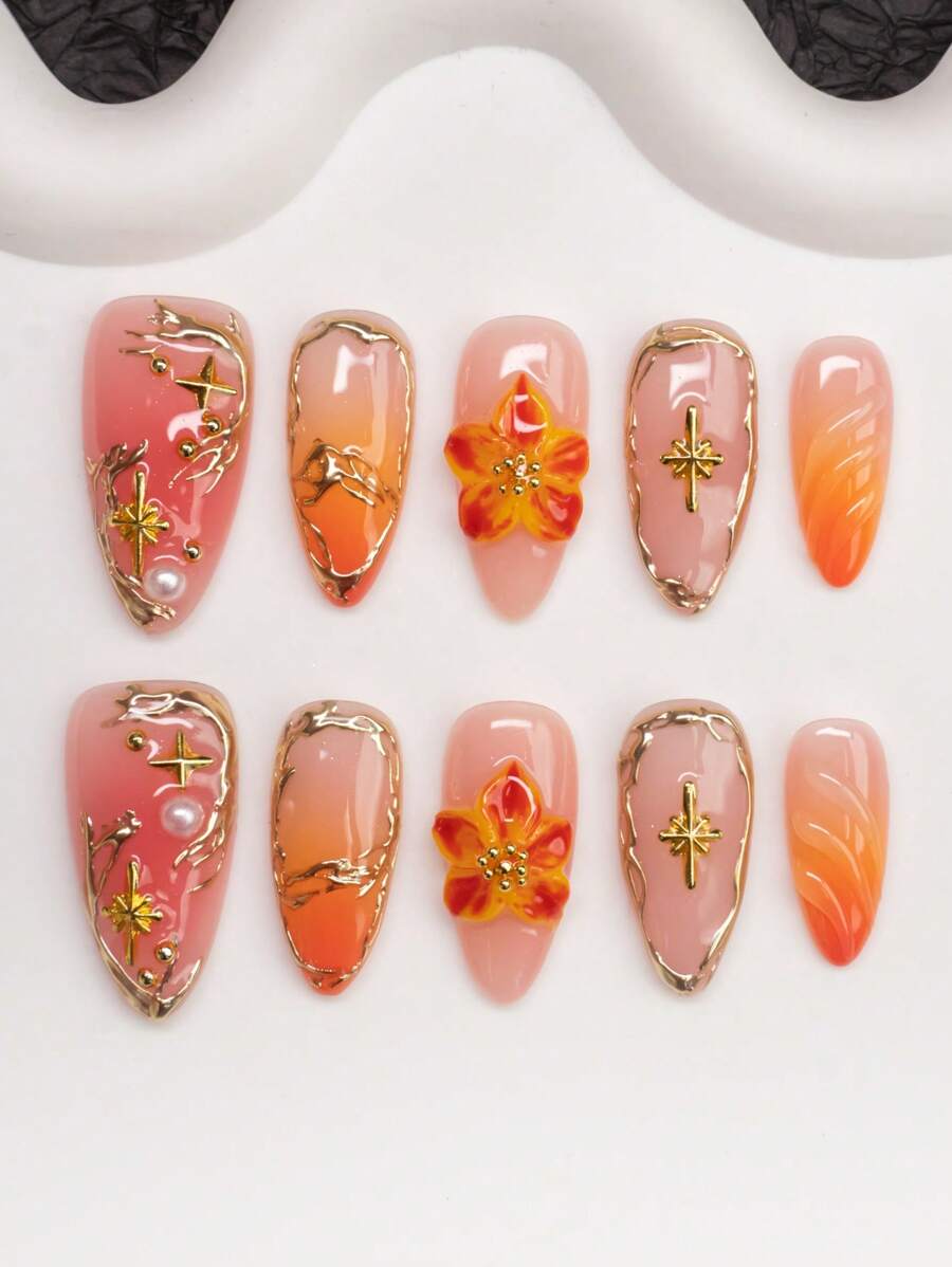 Spring/Summer Almond-Shaped Handcraft False Nails, Y2K Baddie Style, Available In Nude, Orange, Pink, Coral Colors. Handmade With Floral Carving, Asymmetrical Metallic Liquid, Stars, Pearls, Tie Dye Gradient Elements. Suitable For Women And Girls, Shiny Nails. 10 Pieces/Set, 3 Size Options. Perfect For Parties, Occasions, Daily Wear. Includes Tools, Great Gift For Ladies And Girls.