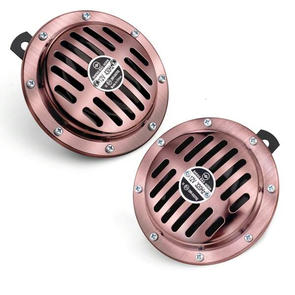 2 PIEZAS Bocinas de tren súper ruidosas de 130 dB, Kit de reemplazo de bocinas de aire de 12V, Bocina doble eléctrica de disco de aire para automóvil, Accesorios universales para automóvil, motocicleta, camión, bicicleta, barco (Bronce)