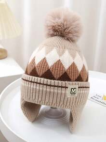 儿童冬季针织菱形无檐便帽，男孩和女孩保暖内衬耳暖帽，适合户外，年龄 3-8 岁
