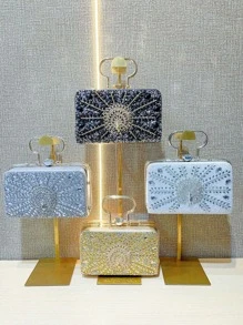 Peacock Flower Embossed Evening Bag For Women, Formal Wedding Clutch With Rhinestones - Tote Bag With Round Pearl Buckle - Crystal Diamond Bag With Metal Chain - 金色 - 查看 8