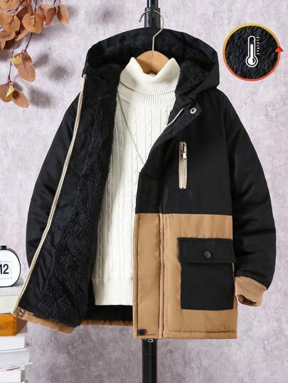 Płaszcz typu casual z kapturem i kieszeniami dla chłopców w stylu patchworkowym i blokowym