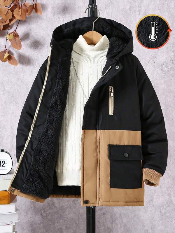 Tween Boy Hooded Patchwork Color Block Casual Padded Coat With Pockets