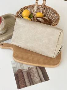 Japandi Style Solid Color Makeup Bag, Large Capacity, Soft Fabric, Zipper Closure, Minimalist Retro Cosmetic Bag For Home, Travel, Outdoor Use, Women