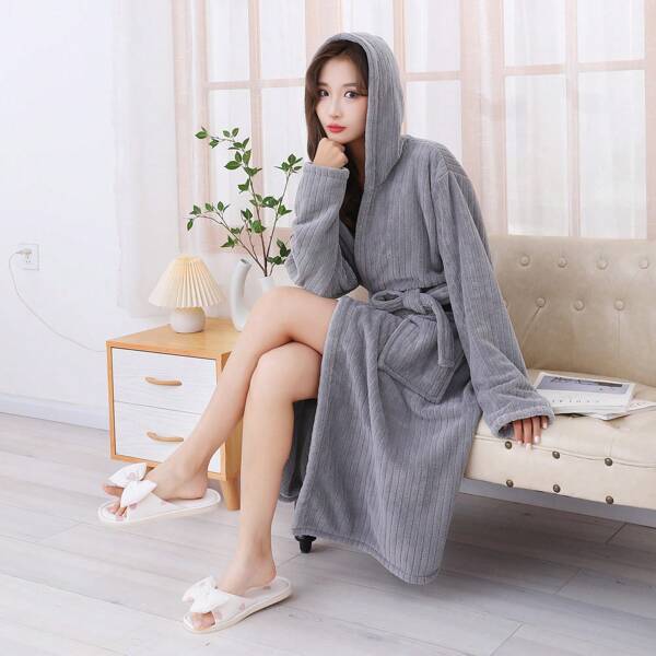 A V-Neck Long Comfortable Cardigan Bathrobe, Coral Fleece Plus Velvet Long Sleeves With Pockets Casual Bathrobe For Women Pajamas 1 Piece, Drawstring Hooded Bathrobe For Women Can Wear Bath Towel Coral Fleece Thickened Household Cross Straps Long Sleeve Bath Skirt Back To School