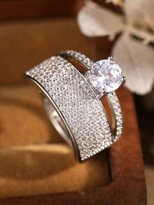 Luxury Cubic Zirconia Stacked Silver Color Fashion Ring Set, Elegant Wedding Jewelry Gift - Silver - View 2