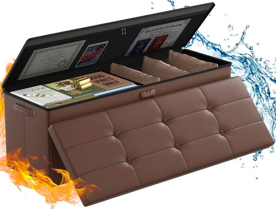 Storage Ottoman,Fireproof Folding Storage Bench With Lock(15"X 43"X15"),Waterproof Leather Storage Bench Chest With Handles&2 Extra Storage Boxes,Storage Safe For Living Room,Bedroom,Brown - Chocolate Brown - View 1
