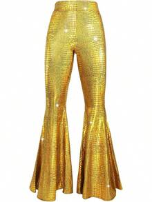 Womens Sequin Flare Pant Sparkly High Waisted Leg Bell Bottom Glitter Trousers Night Out Clubwear - 金色 - 查看 2