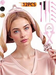 12pcs Satin No Heat Curling Rods Set - Heatless Curling For Soft Waves & Frizz-Free Styling, No Heat Curlers For Sleeping, Jumbo Curler Heads With Soft Bristle Brush, Teasing Comb, Rat Tail Comb & Duck Bill Clips, Hair Styling Kit, Hair Tool Kit, Hairstyling Set, School Stuff, Curly Hair Tools