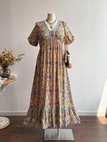 大码女式蓝色碎花V领短袖连衣裙，波西米亚海滩风，音乐节热带度假氛围 - 黃色 - 查看 7