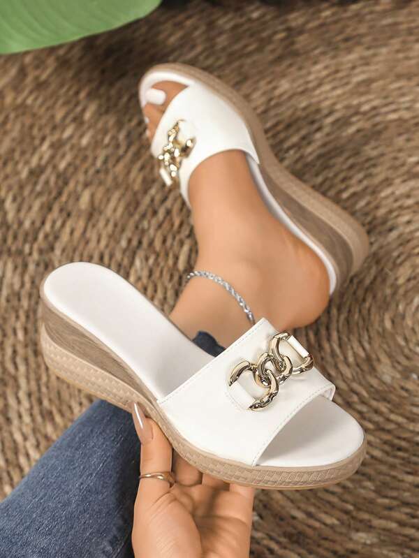 1 Paar einfarbige Urlaubs-Boho-Schnallensandalen, lässige Keilabsatz Slip-On Pantoffeln für Büro, Zuhause und Outdoor, Frühling/Sommer