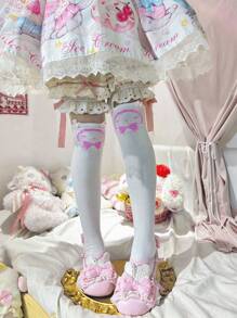 1 par de calcetines de estilo japonés blancos hasta la rodilla con diseño de conejito rosado, lindos y dulces, para mujer