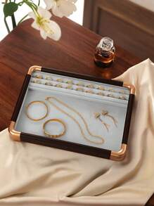1 Pieza, Caja de almacenamiento de anillos con bordes redondeados con borde dorado, color gris, bandeja de exhibición, caja de almacenamiento de joyas, gran capacidad, madera maciza de alta calidad, para aretes, pendientes, joyería pequeña, joyería, gran capacidad, bandeja de exhibición, caja de exhibición de joyas de madera maciza, adecuada para anillos, aretes, etc., estilo retro, es una opción de regalo para mujeres, regalo del Día de la Madre, regalo para amigos, regalo para novia, regalo para familiares, regalo para maestros, regalo para colegas