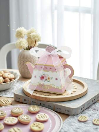 Caja de regalo de fiesta de té de 5 piezas, caja de tetera con estampado floral vintage, caja de regalo de fiesta de té con flores, caja de caramelos estilo europeo, caja de caramelos con tetera, decoración de fiesta de té, adecuado para la hora del té de la tarde, jardín, boda de novia, cumpleaños, fiesta