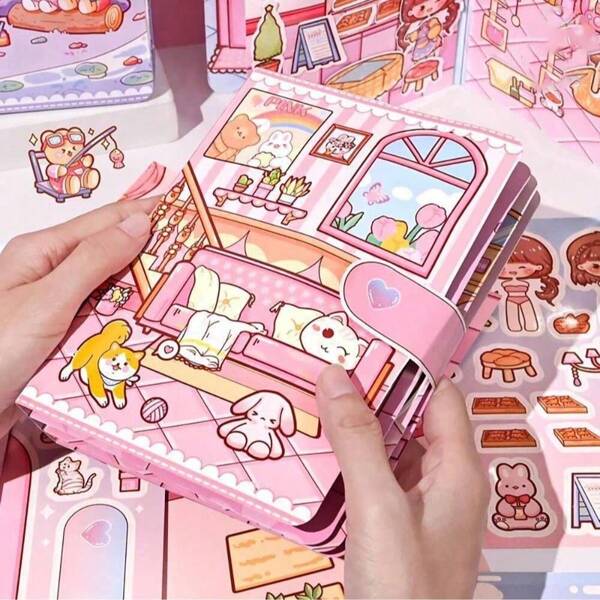 1 Set Casa de muñecas de papel DIY con pegatinas de vestir de niña simpática de la vida diaria, libro de actividades tranquilo hecho a mano con materiales, estilo aleatorio