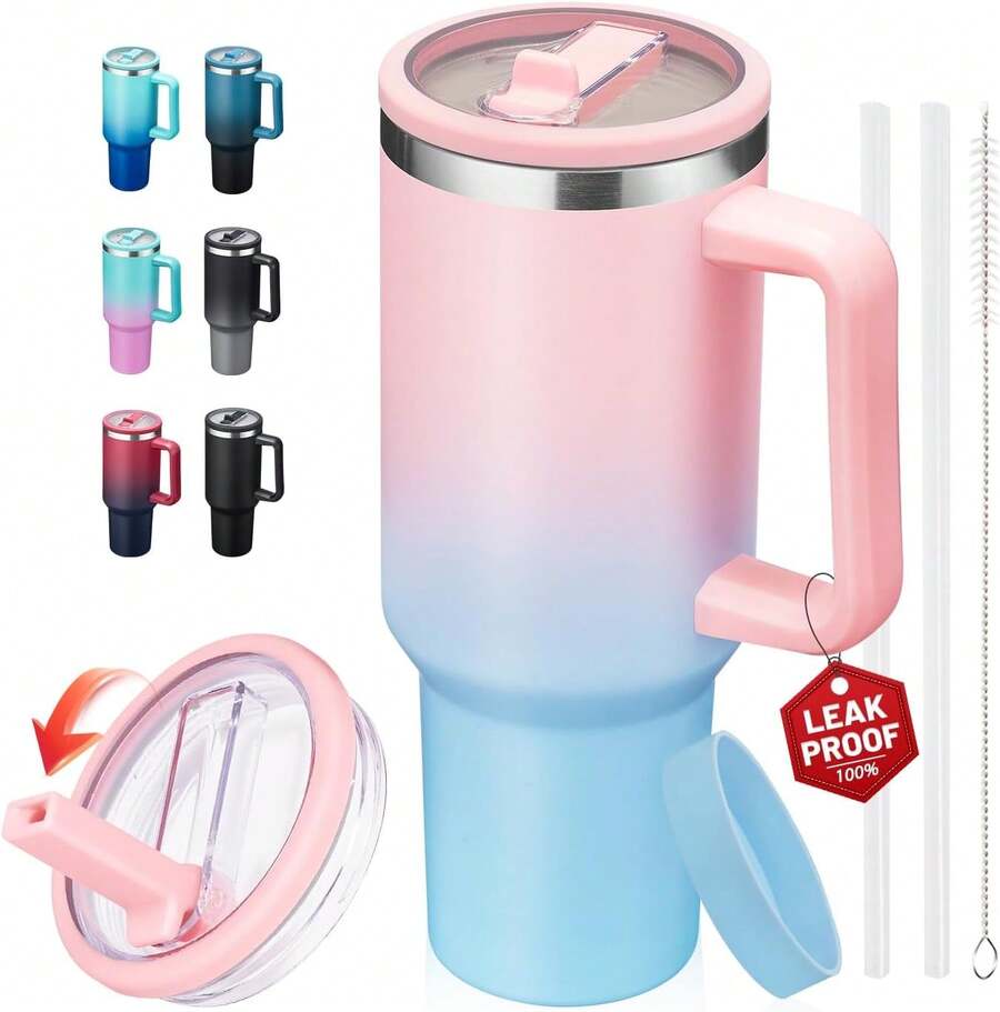 40 Oz Tumbler With Flip Straw Lid And Handle - Insulated Travel Coffee Mug Keep Cold-34H, Leak-Proof Metal Water Cup With Silicone Boot, Dishwasher Safe Hydro Thermal Jug - 藍色 - 查看 1