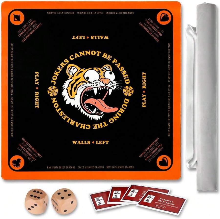 Estera de Mahjong con reglas para la mesa, set de viaje de Mahjong, antideslizante y silencioso, incluye 2 dados y 1 bolsa de almacenamiento de terciopelo de coral para la estera de Mahjong, cartas de Mahjong 2025 (negro) - Blanco y Negro - Ver 1