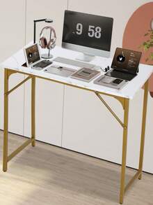Modern Style Makeup Desk ,Nail Desk, Office Desk With Sleek Metal Frame Writing Desk Classic Modern Design For Home & Small Spaces - 金色 - 查看 2