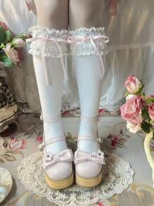 1 par de medias altas hasta la rodilla con lazo de cinta largo y adorno de encaje, estilo japonés Lolita para mujeres