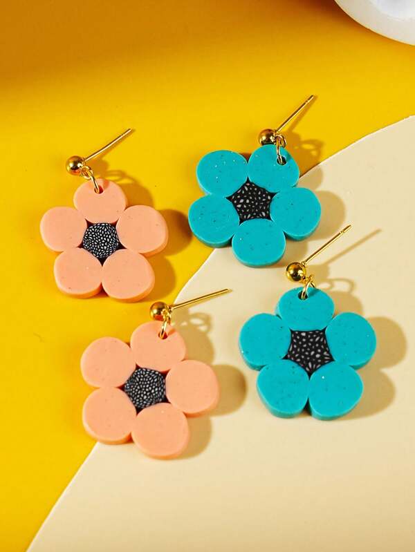 Summer Dopamine Colorful Flower Stud Earrings, Fashion Geometric Pink/Blue Ceramic Flower Drop Earrings For Women