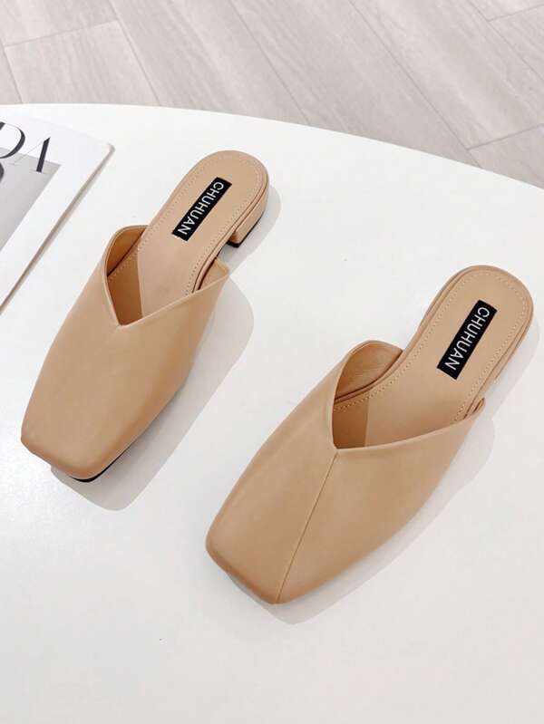 Chunky Heel Closed Toe Mule Slide Slippers For Women, Fashion Elegant Slip-On Backless Shoes Versatile For Skirt & Dressing