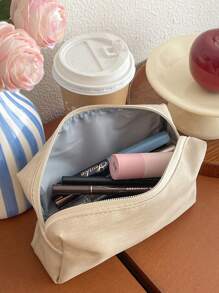 Japandi Style Solid Color Makeup Bag, Large Capacity, Soft Fabric, Zipper Closure, Minimalist Retro Cosmetic Bag For Home, Travel, Outdoor Use, Women