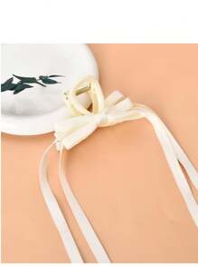 1pc French Ribbon Beaded Tassel Bow Hair Clip, Ballet Style Sweet Girl Bangs Clip, New Hair Accessory Valentine's Day Claw Clips Hair Claws Hair Barrettes, School Stuff