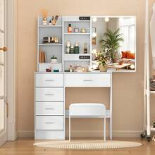 Dressing Table Set With LED Lighted Sliding Mirror, Stool, Drawers, Modes Adjustable Brightness, Girls Makeup Vanity Desk With With LED Mirror For Bedroom, Vanity Makeup Desk For Bedroom Furniture - White - View 3