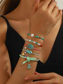 5 件套可爱卡通章鱼、贝壳和鱼陶瓷弹力手链套装，适合女性日常、度假和休闲穿着 - 顏色 - 查看 2