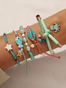 5 件套可爱卡通章鱼、贝壳和鱼陶瓷弹力手链套装，适合女性日常、度假和休闲穿着 - 顏色 - 查看 3
