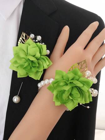 1 Piece Chest Flower + 1 Piece Wrist Flower, Navy Blue Camellia And Golden Leaf Bead Decor Unisex Lapel Pin And Wristband, Fake Floral Wedding Corsage For Groom, Bride, Groomsman, Bridesmaid, Party, Prom