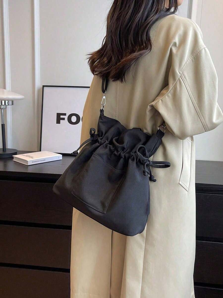 Fashionable Women's Large Capacity Drawstring Decor Crossbody Bag - Black - View 1