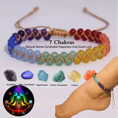 7 Chakras Anklet For Women, Yoga Sport Accessory, Beach Holiday Surfing Bracelet With Lapis Lazuli, Amethyst, Carnelian Beads Jewelry