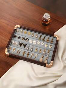 1 Pieza, Caja de almacenamiento de anillos con bordes redondeados con borde dorado, color gris, bandeja de exhibición, caja de almacenamiento de joyas, gran capacidad, madera maciza de alta calidad, para aretes, pendientes, joyería pequeña, joyería, gran capacidad, bandeja de exhibición, caja de exhibición de joyas de madera maciza, adecuada para anillos, aretes, etc., estilo retro, es una opción de regalo para mujeres, regalo del Día de la Madre, regalo para amigos, regalo para novia, regalo para familiares, regalo para maestros, regalo para colegas