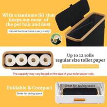 Bamboo Toilet Paper Storage Holder With Lid - Collapsible Organizer Basket For Bathroom RV Closet, Waterproof Oxford Canvas Holds 12 Regular Rolls, Freestanding Cabinet With Handle, Dustproof Cat-Proof Tissue Box, Easy No Tools Assembly, Compact Space Saving Storage Solution Back To School