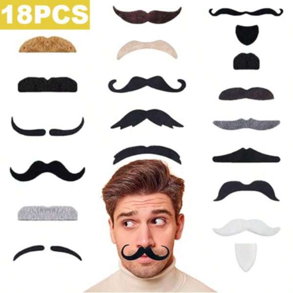 18 Stücke selbstklebende schwarze Bärte, klassische Halloween-Fake-Bärte, neuartiger Multi-Haar-Bart, Gesichtsbehaarung für Kleidung, geeignet für alle Altersgruppen, mehrere Farben, geeignet für Weihnachtspartyzubehör und -dekorationen, Halloween, Rollenspiele, Drama, Tanzaufführungen, Fingerschutz, Festivals, Partys, Thementänze, Make-up-Tänze, Geschenkideen, Spielaktivitäten, Cosplay, Karnevalsball