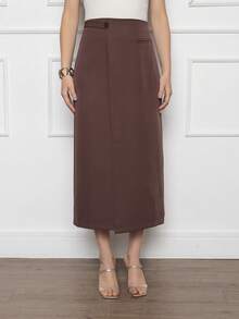 Women's Midi Skirt Side Detail Fake Zipper Pocket Back Simple Elegant Casual Zipper Pocket Button Office - Marrom - Xem 2