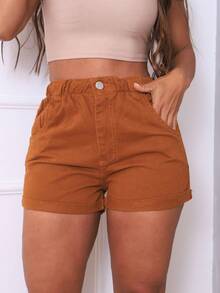 Traditional Denim Shorts With Elastic Waistband - 駝色 - 查看 1