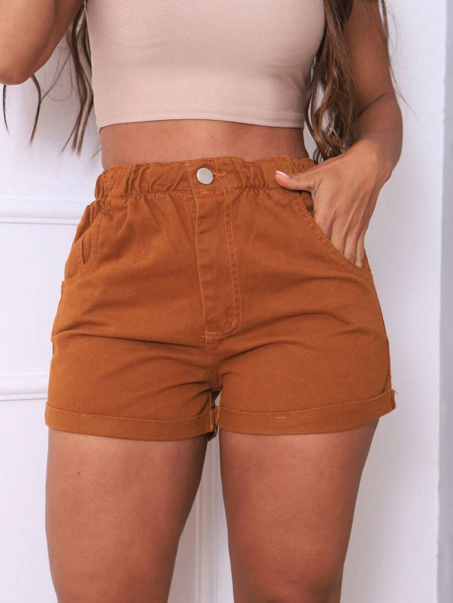 Traditional Denim Shorts With Elastic Waistband - 駝色 - 查看 1