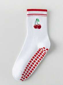 1 Pair Of Cherry Silicone Anti Slip Women's Socks, Yoga Socks, Cute Ballet Pilates Sports Fitness Socks, Breathable Sports Socks