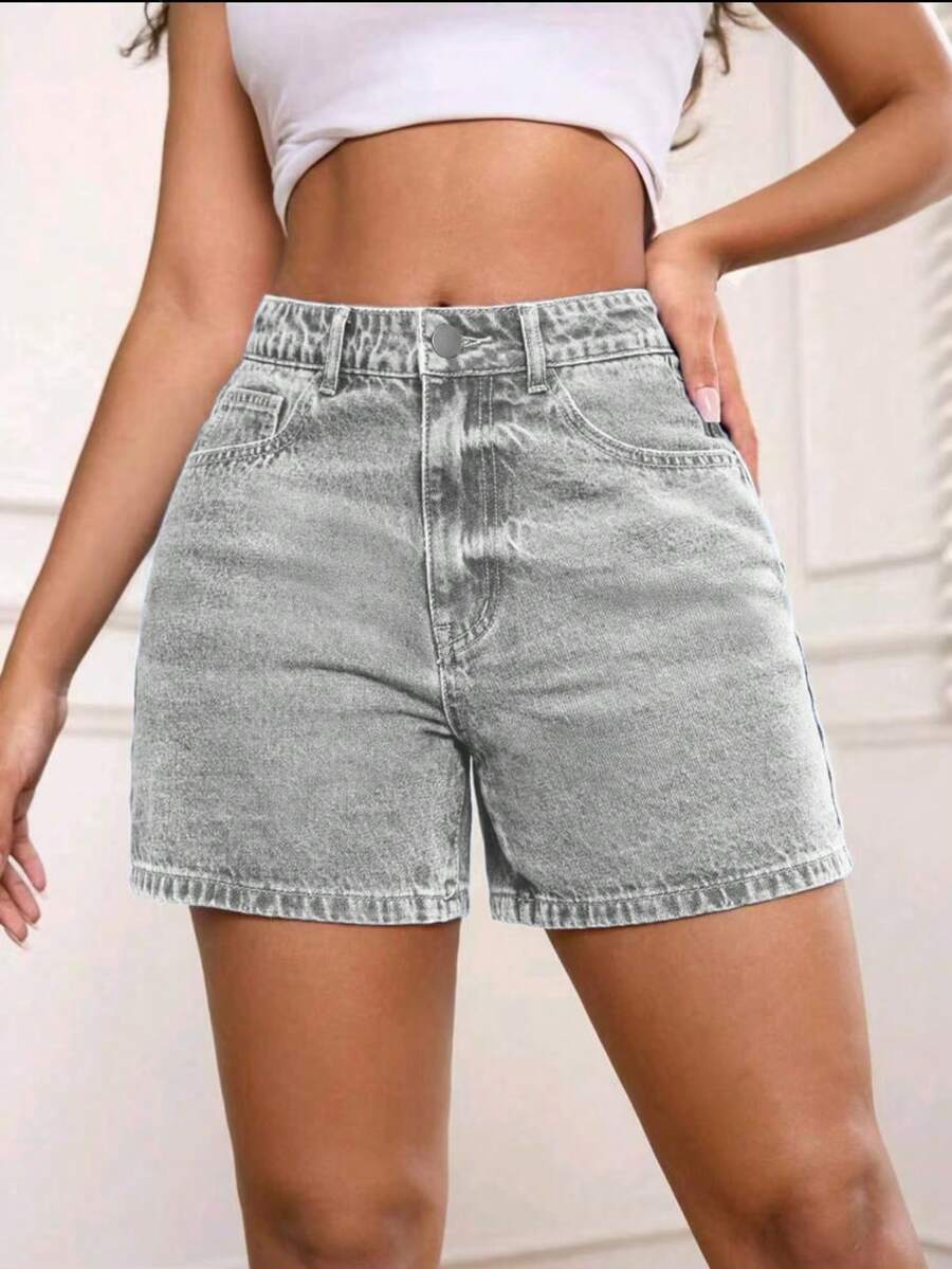 Women High Waist Washed Vintage Loose Denim Shorts, Knee Length, Casual Retro Style, Summer Fashion - Grey - View 1