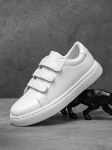 Men's Simple Style Solid Color PU Leather Patchwork Low-Top Casual Sneakers, Hook And Loop Design For Commuting, Versatile, Lightweight & Comfortable Couple Sports Shoes, Sneakers