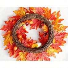 1Pc Autumn Door Wreath Christmas Halloween Decoration Pumpkin Berry Pine Cone Maple Artificial Wreath Cloth Rattan Material Home Decoration