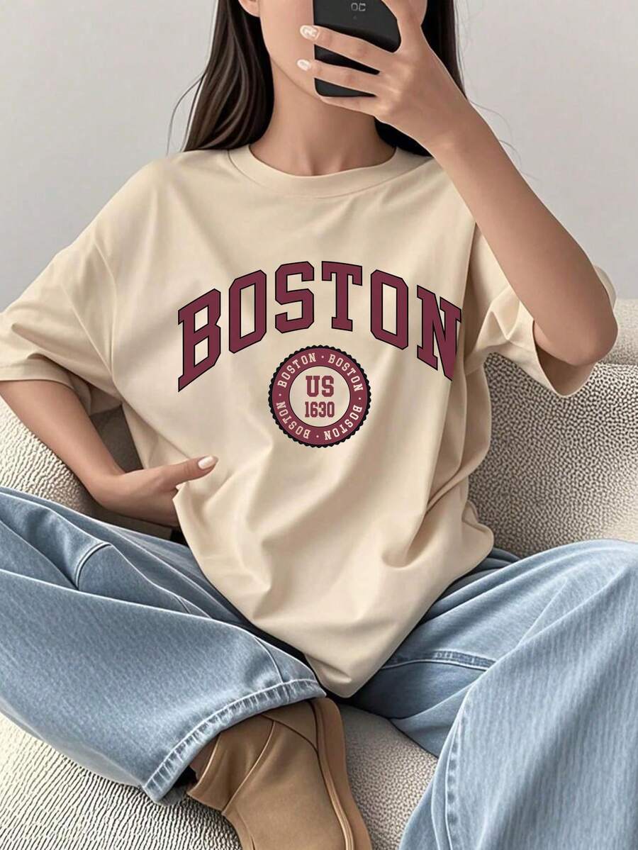 Teens "BOSTON" Letter Print Loose Fit Short Sleeve T-Shirt, Suitable For Student Daily Wear, Great Choice For Spring/Summer - Apricot - View 1