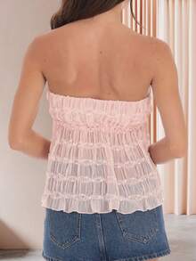 Women's Drawstring Ruched Tube Tops Solid Color Sleeveless Off Shoulder Babydoll Bandeau - Pink - View 5