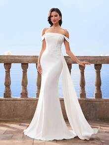 优雅露肩白色紧身晚礼服美人鱼新娘婚纱 - 白色 - 查看 7