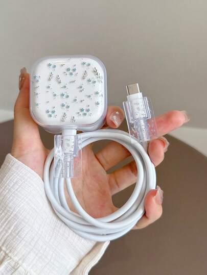 Conjunto com 3 peças de capa protetora para cabo de dados e carregador, plugue Reino Unido, carregador rápido Apple de 20 W, protetor de cabo com estampa floral azul, acessórios para carregador, acessórios para telefone