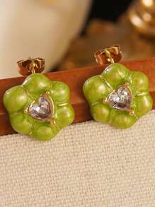 1pc Vintage Romantic Style Colorful Drop Oil Craft Embedded Heart-Shaped Glass Decor Flower Stainless Steel Earrings, Suitable For Women's Daily Wear