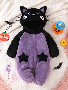 Newborn Baby Boy Girl Animal Costume Infant Cat Cosplay Hooded Bodysuit Toddler Fuzzy Warm Halloween Outfits - 黑色 - 查看 1