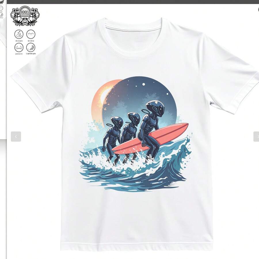 ALIENS~1220g High-Quality Pure Cotton T-Shirt With Minimalist Printing, Soft And Breathable Fabric, Comfortable And Loose, Suitable For All Day Wear, Suitable For Office Casual Wear, Spring And Summer Daily Appearance, Elegant And Youthful Design Ropa De Hombre - 白色 - 查看 1